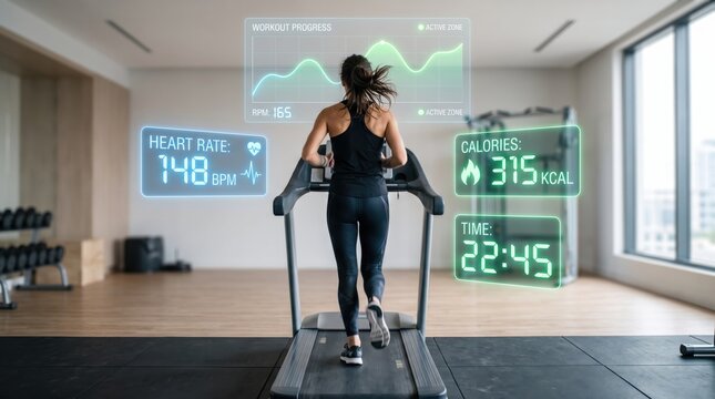 Back view of fit woman running on treadmill in gym with augmented reality HUD displaying heart rate, calories burned, time, and workout progress graph, showcasing fitness tracki...