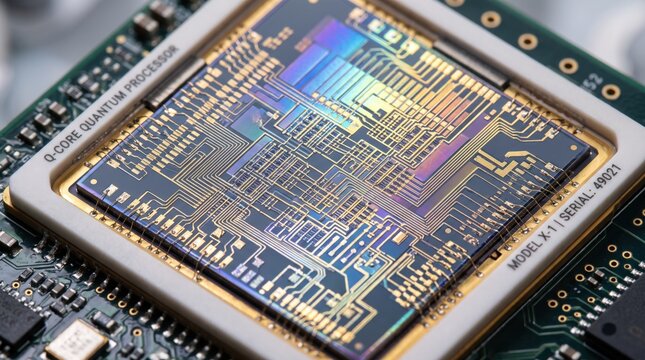 Close-up of Q-Core Quantum Processor Chip on Circuit Board, Advanced Computing Technology for Future AI and Data Processing Applications in Modern Electronics Industry