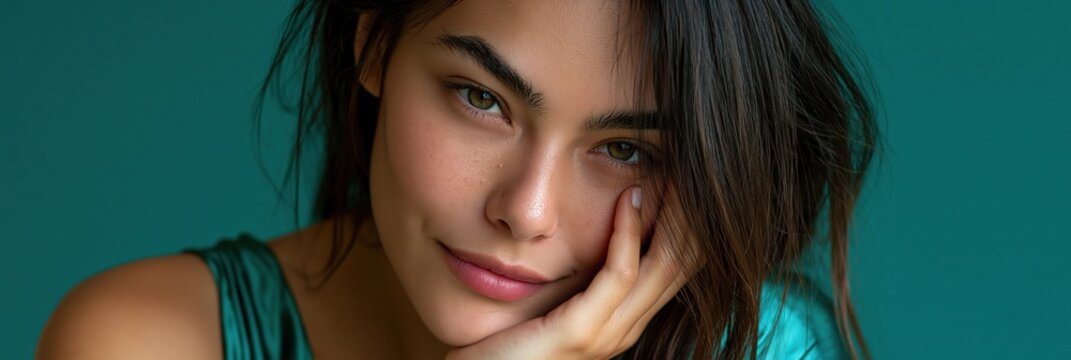 Close-up portrait of an alluring young woman with hand on cheek on teal background for beauty banner and cosmetic design