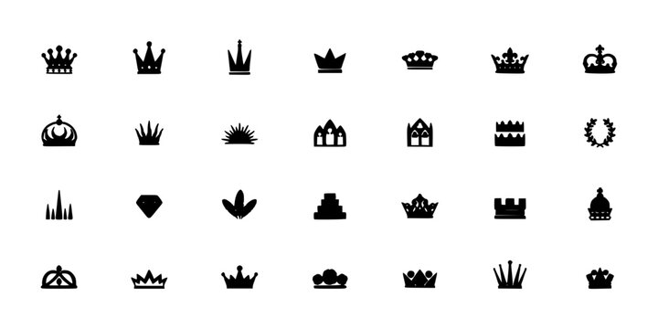 Crowns and Royal Symbols Arranged in a 4x6 Grid of Black Icons Featuring Crown, Symbol, Icon with Silhouette and Illustration