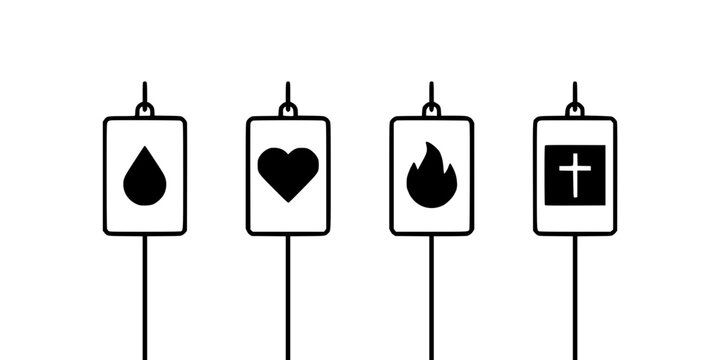 Four Intravenous Iv Bags Hanging in a Row Each Containing Ideograms of a Teardrop, Heart, Flame, and Cross