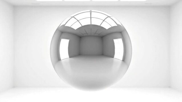 Highly reflective chrome sphere floating in a minimalist white room with reflections of doorways and ceiling lights.