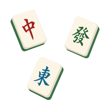 Chinese Mahjong Dragon Tiles Red Green East Wind Flat Vector Illustration Isolated on White Background