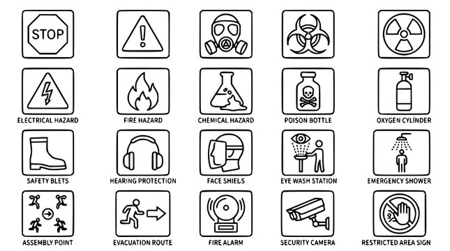 Modern Safety and Hazard Line Icons Vector Collection for Industrial and Workplace Design