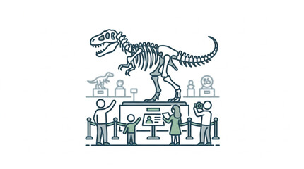 Dinosaur skeleton illustration with people and technology. © apih