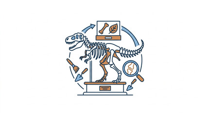 Dinosaur skeleton illustration with scientific tools and fossils. © apih