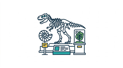 Dinosaur skeleton in a museum exhibit with artifacts. © apih