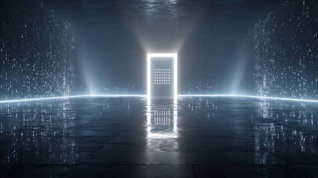 Glowing futuristic portal in a digital environment with luminous particles and reflective surface, symbolizing artificial intelligence, virtual reality, innovation and technology.
