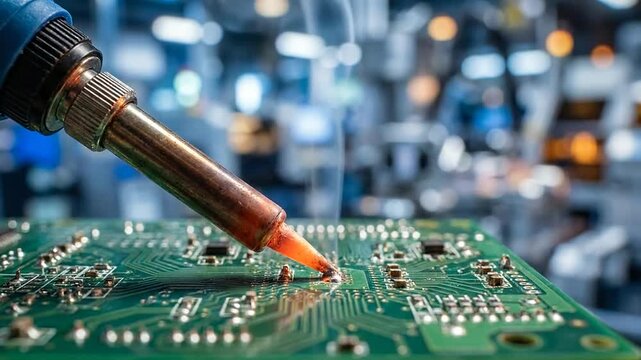 A hot soldering iron tip works on a green electronic circuit board