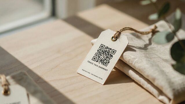 Clothing tag with QR code for garment traceability on organic cotton fabric lying on a wooden table