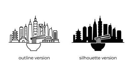 Fototapeta premium Cityscape with Noodles: A minimalist depiction of a city skyline, featuring both outline and silhouette versions, with a bowl of noodles and chopsticks integrated into the urban landscape.