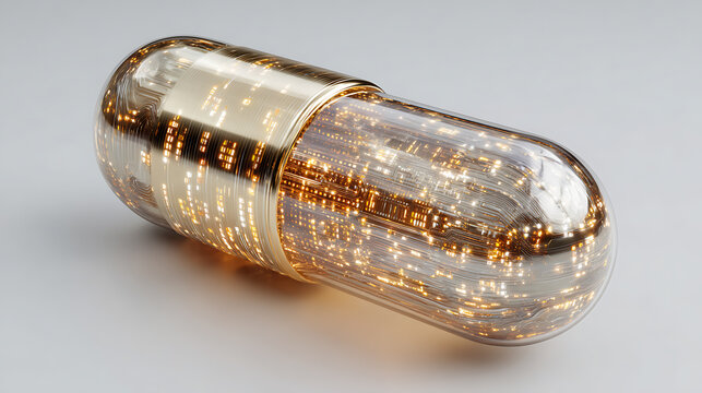 Transparent futuristic capsule containing illuminated microchips and digital circuits, symbolizing AI medicine, smart pharmaceuticals, nanotechnology, biotech innovation and healthcare technology.