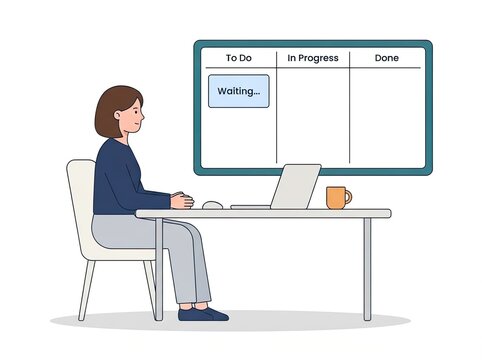 A woman sitting at a desk working on a laptop with a kanban board in the background, showing a task, labeled as waiting, in the to, do column section