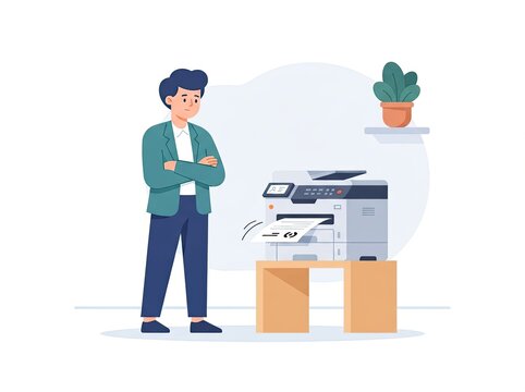 A flat of a man standing with arms crossed next to a large office printer that is actively printing a document on white background