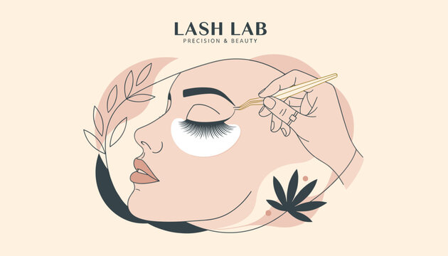 Aesthetic illustration for eyelash salon showing a beautiful female face getting lash extensions with gold tweezers.