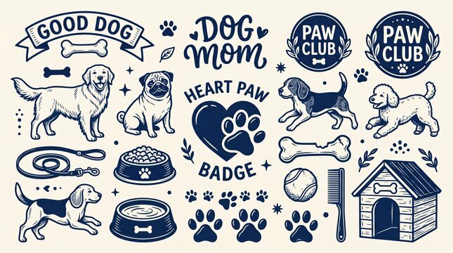 Vintage Hunde Illustrationen Set, Retro Hunde Grafiken mit Pfoten und Knochen, Dunkelblaue Hunde-Elemente f&uuml;r Haustier-Designs, Nostalgische Hunde-Motive f&uuml;r Sticker und Drucke