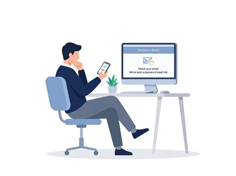 A man sitting in an office chair looking at his smartphone while a computer monitor a password reset email notification on the screen