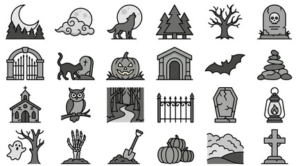Eerie Halloween scenery and haunted landscape icon elements.