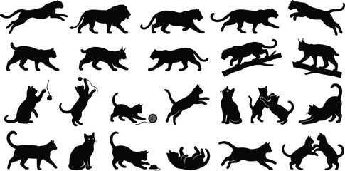 Fototapeta premium Wild Big Cat and Domestic Kitten Silhouette Icon Set Featuring Lion Cheetah Panther Cougar Lynx and Playful Cat Poses for Graphic Designs