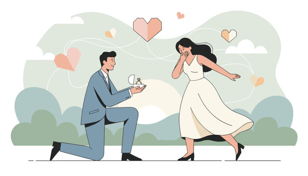 Romantic man proposing to his surprised girlfriend on one knee in a beautiful park with hearts flying around.