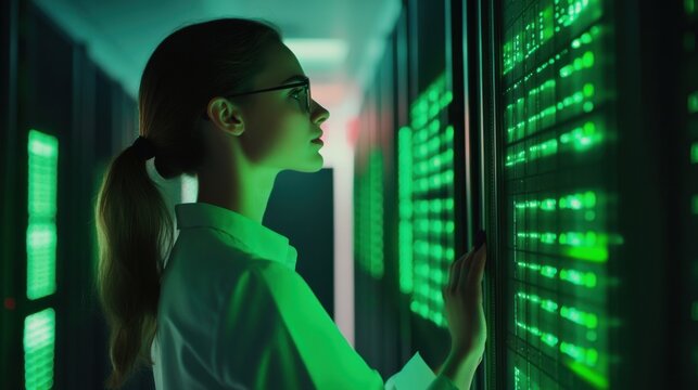 woman working in server room with green lights