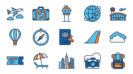 Colorful flat icons for travel and tourism themes. © Anang