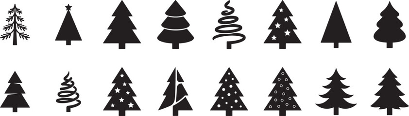 Fototapeta premium Diverse Christmas Tree Icons, Festive Vector Set, Winter Holiday Symbols, Black and White Silhouette Collection