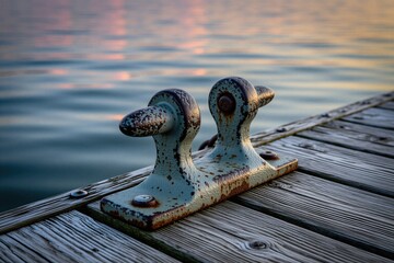 Obraz premium Old metal mooring cleat stands on wooden boat dock beside calm lake water at sunset. Weathered iron bollard serves for tying ship ropes at harbor quay. Rusty nautical equipment reflects evening light