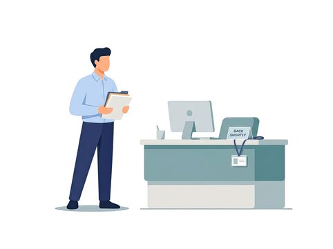 Man standing at an office reception desk with a back shortly sign, a computer monitor, and a hanging id badge on a plain white background