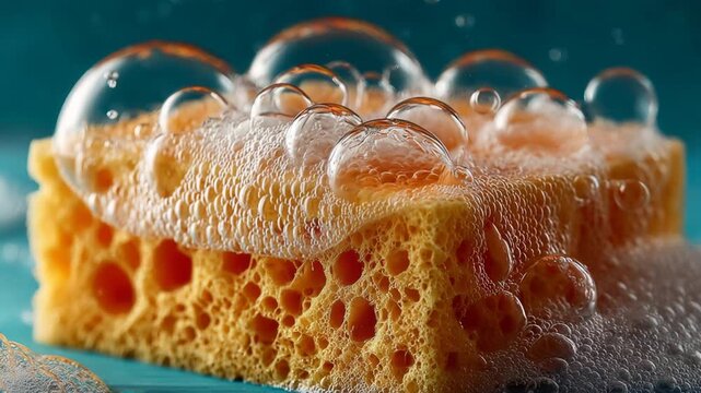 Sudsy bubbles and foam forming on a porous cleaning sponge against a blue background