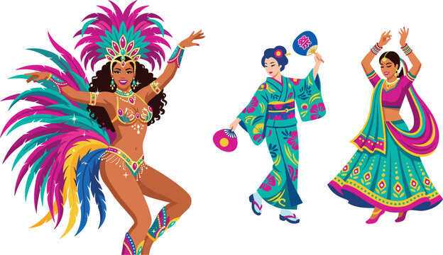 Traditional Cultural Dancers Vector Character Set Featuring Brazilian Carnival Samba Dancer, Japanese Geisha in Kimono, and Indian Bollywood Kathak Dancer