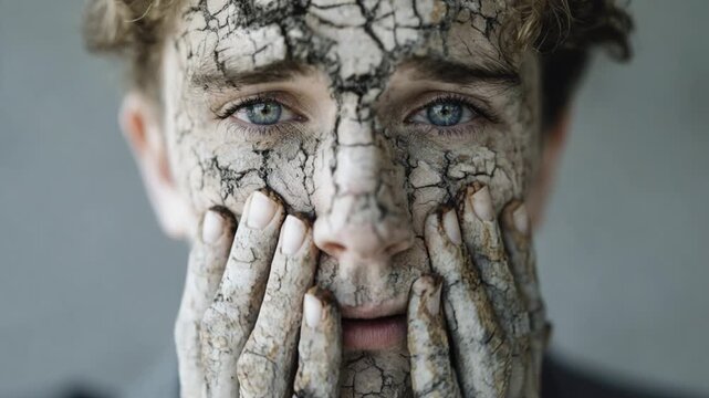 Young man with cracked mud on his face and hands looking at the camera with his blue eyes