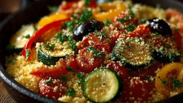 Delicious couscous dish with grilled vegetables, olives, and herbs served in a dark bowl