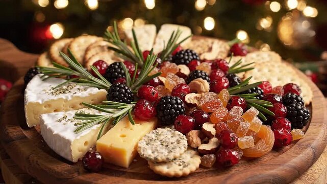 Gourmet cheese board with fresh berries and rosemary on wooden platter at Christmas