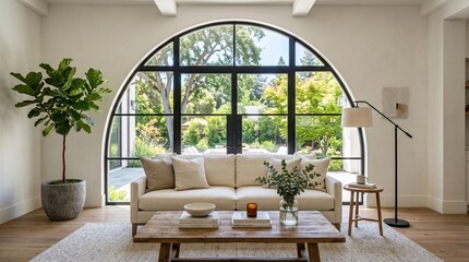 Fototapeta premium Modern Living Room with Arched Window and Neutral Decor