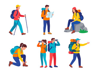 Fototapeta premium Hikers People Character Set Vector Flat Illustration 