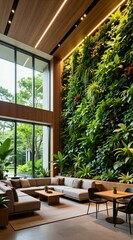 Fototapeta premium Modern lobby interior with rich vertical garden wall, wood accents, and comfortable sectional sofa seating. Large windows offer garden views, creating a serene, eco friendly atmosphere for guests.
