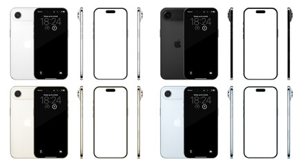 Naklejka premium Apple Iphone 17 Air line mockup: Sky Blue, Light Gold, Cloud White, Space Black. Front, rear and side view. Vector editorial png