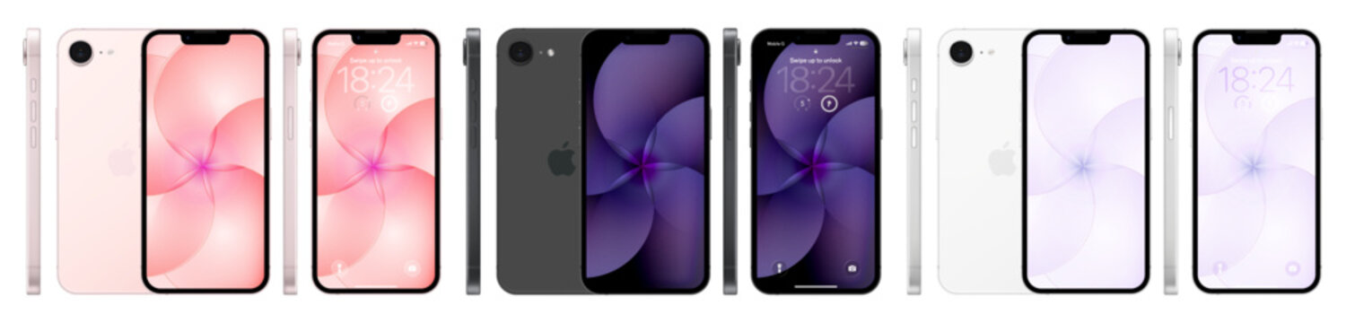 Apple Iphone 17e lineup mockup pack: black, white and soft pink. Front and rear view on isolated on tranparent bg. Vector editorial png
