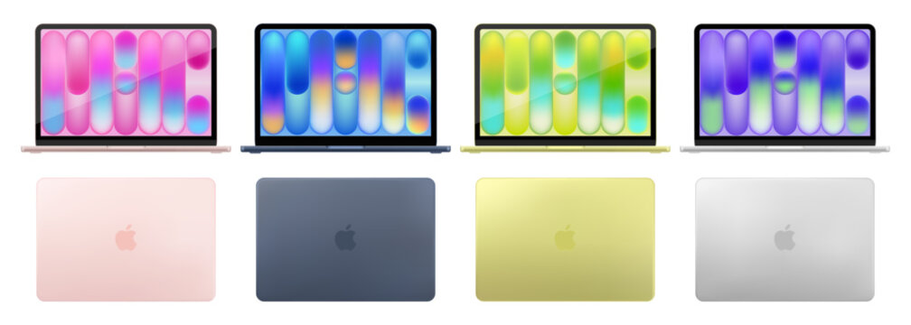 New Apple Macbook NEO 2026 lineup: Silver, Blush, Citrus, and Indigo colors. Top and front view isolated. Vector editorial png