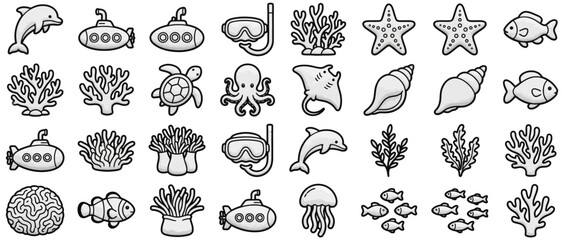 Set of Cute Hand Drawn Marine Life and Underwater Icons © Mega Nya