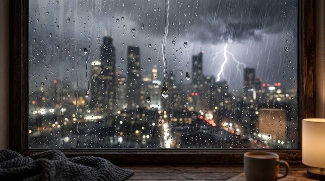Cozy indoor view through a rain-covered window overlooking a modern city skyline during a dramatic thunderstorm at night.