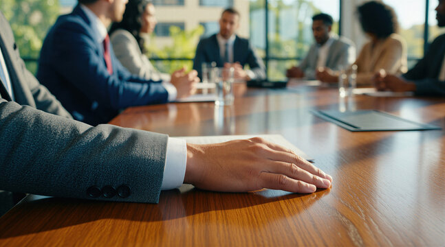 Man in suit rests hand on polished wood table during blurred business meeting. Colleagues sit around conference room, discussing strategy. Focus on thoughtful gesture.