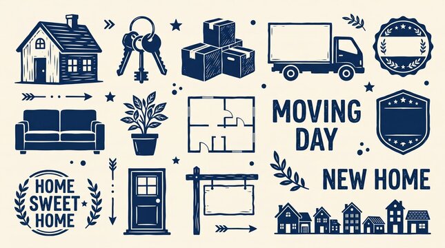 Vintage moving day icon set with house keys and delivery truck. Retro home relocation elements including cardboard boxes and furniture. Navy blue residential real estate symbols on cream paper.