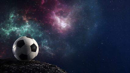 Fototapeta premium sports football realistic ball resting on rocky surface beneath colorful teal and magenta nebula sky