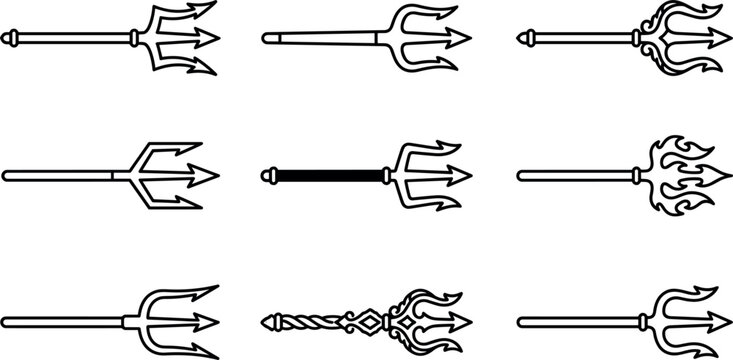 Mythological Trident Line Icon Set Featuring Neptune Poseidon Spear Symbols for Maritime Logos Gaming Badges Tattoo Designs and Graphic Art