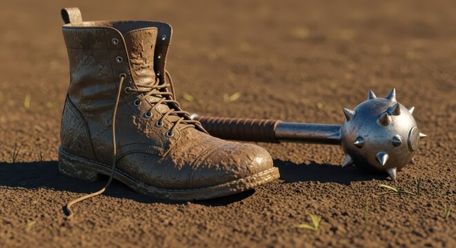 Muddy Combat Boot and Spiked Flail Weapon Lying on Dirt Ground, Symbolizing Hardship and Conflict