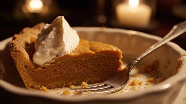 A delicious slice of pumpkin pie with whipped cream on a plate with a silver fork