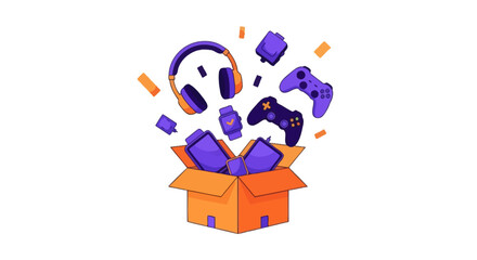 Electronic gadgets and gaming controllers popping out of a box © andi