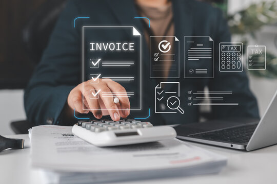 Digital invoice form and tax management concept. Businessman using calculator and laptop with billing e-invoicing, online accounting, and financial document processing.